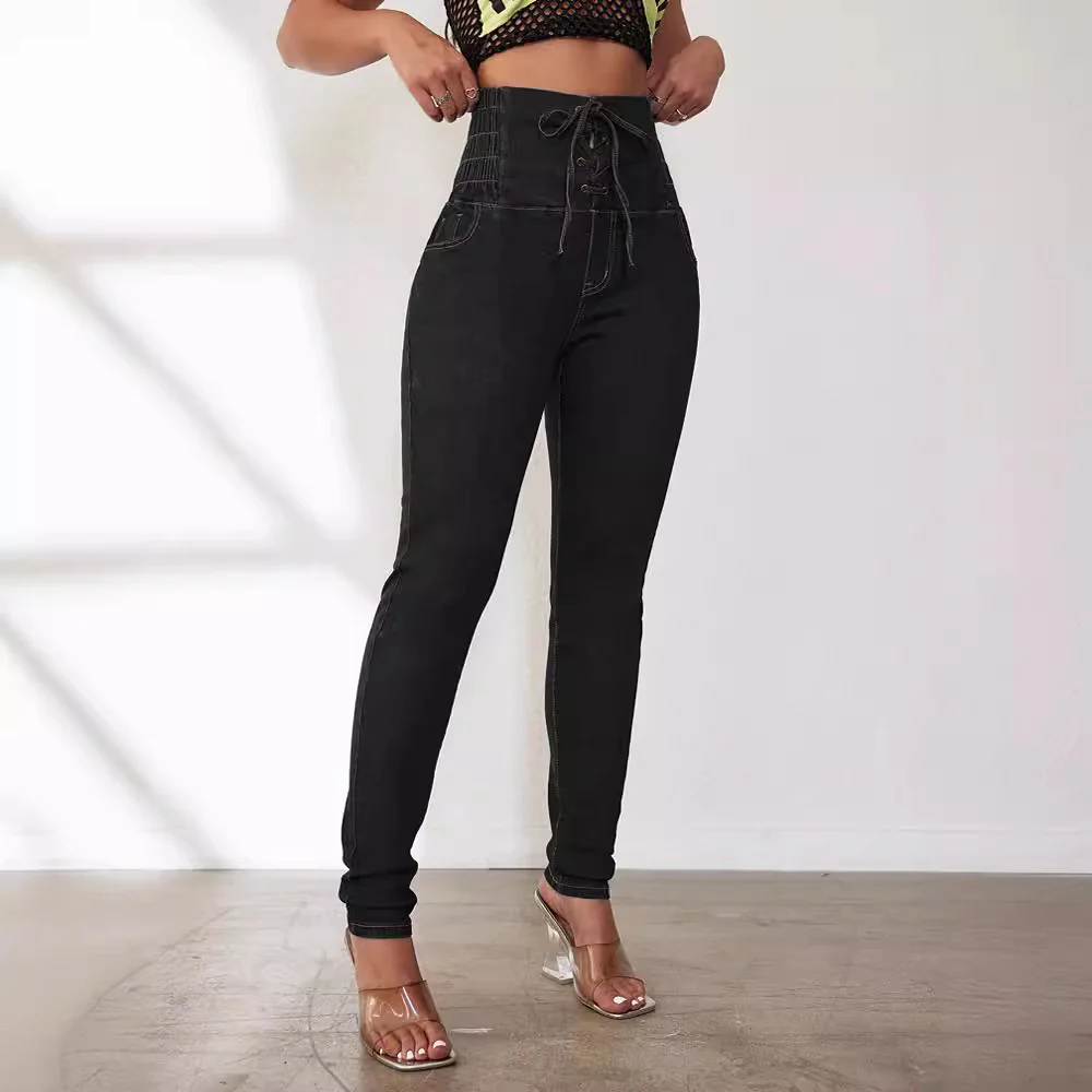 Damen Hochtaillierte Jeans mit verstellbarem Kordelzug und taillierter Passform Heidi-Mode - Image 4
