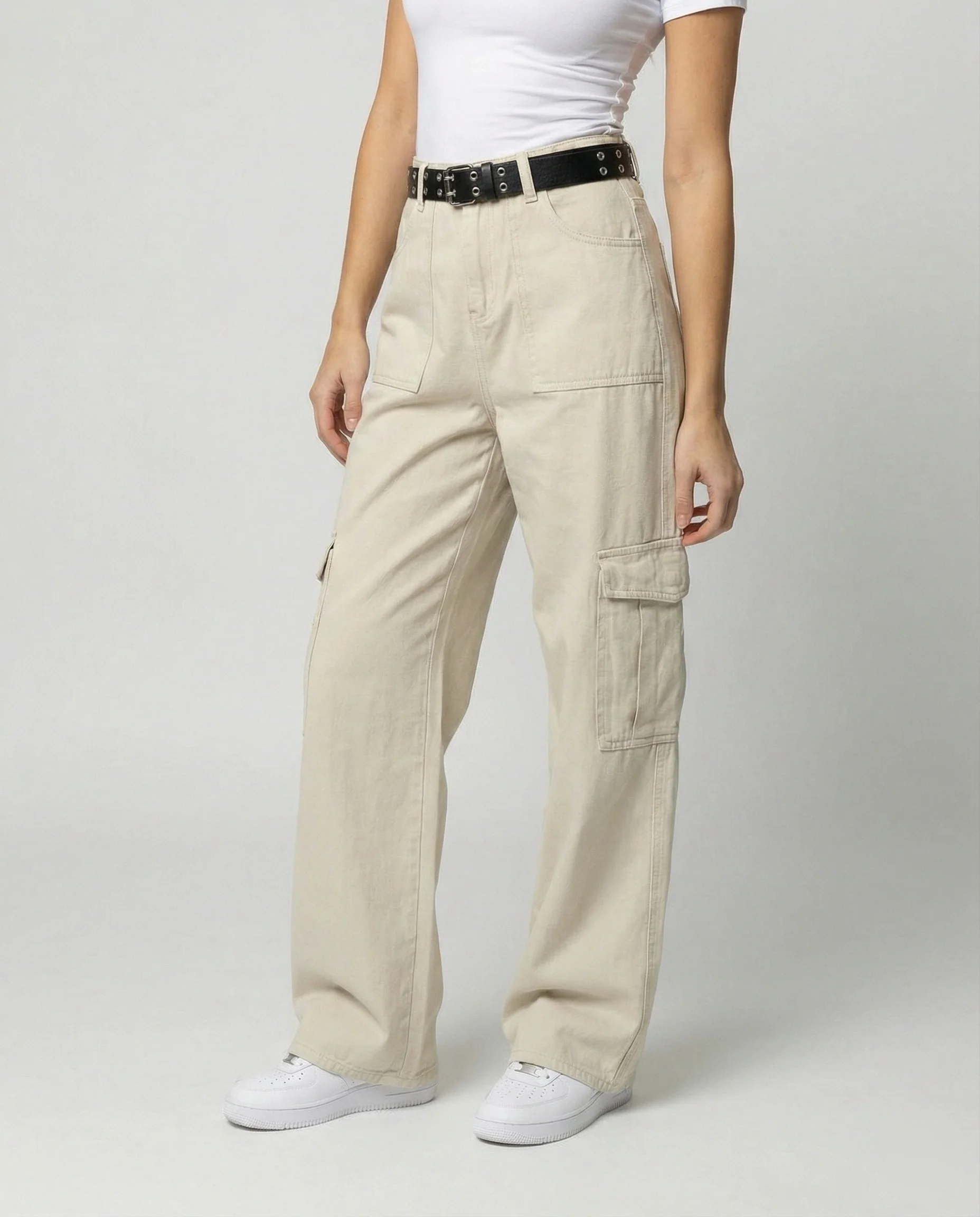Damen hochtaillierte weit geschnittene Cargo-Hose mit extra weitem Bein, großen Klappentaschen und Gürtelschlaufen Heidi-Mode
