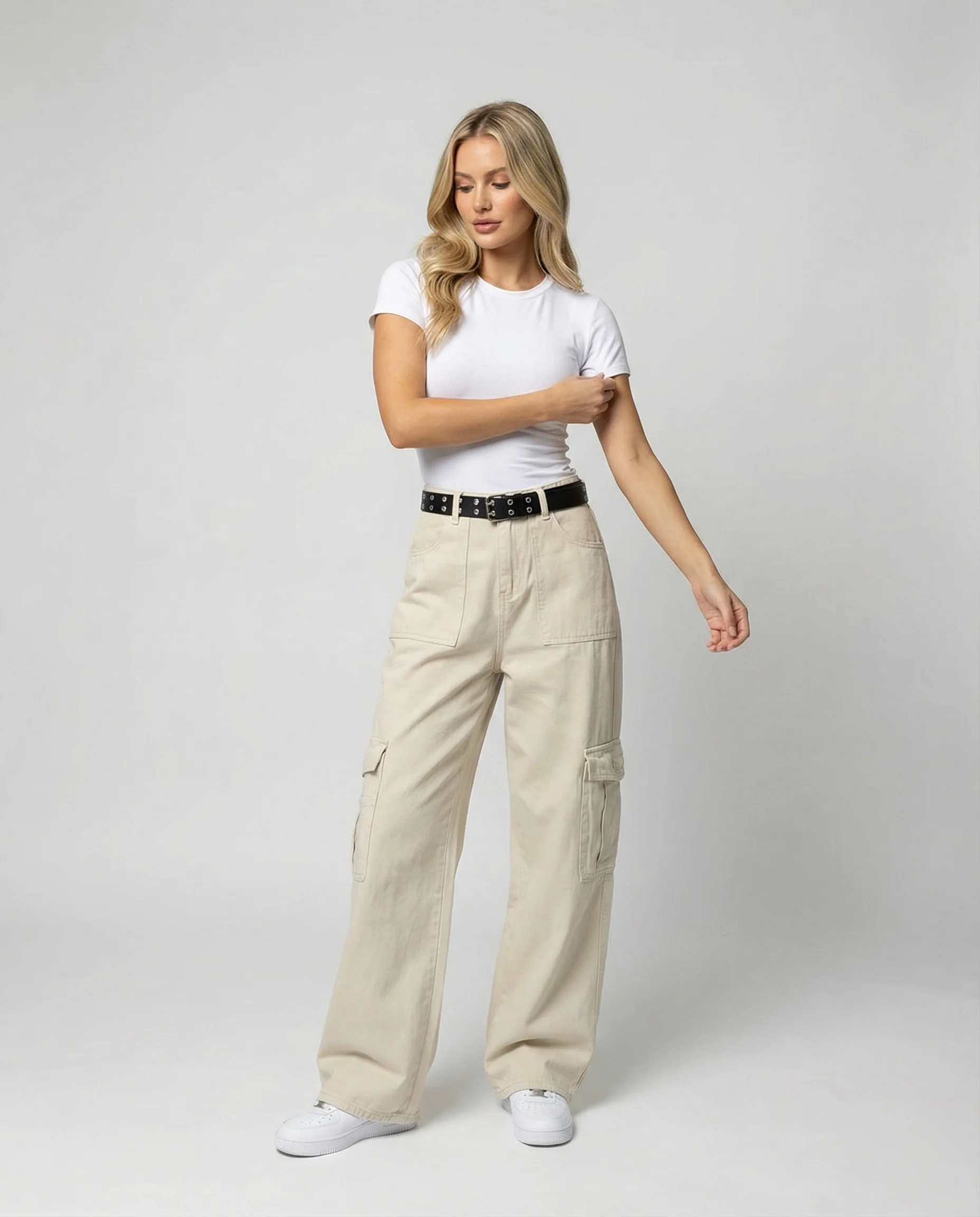 Damen hochtaillierte weit geschnittene Cargo-Hose mit extra weitem Bein, großen Klappentaschen und Gürtelschlaufen Heidi-Mode - Image 2