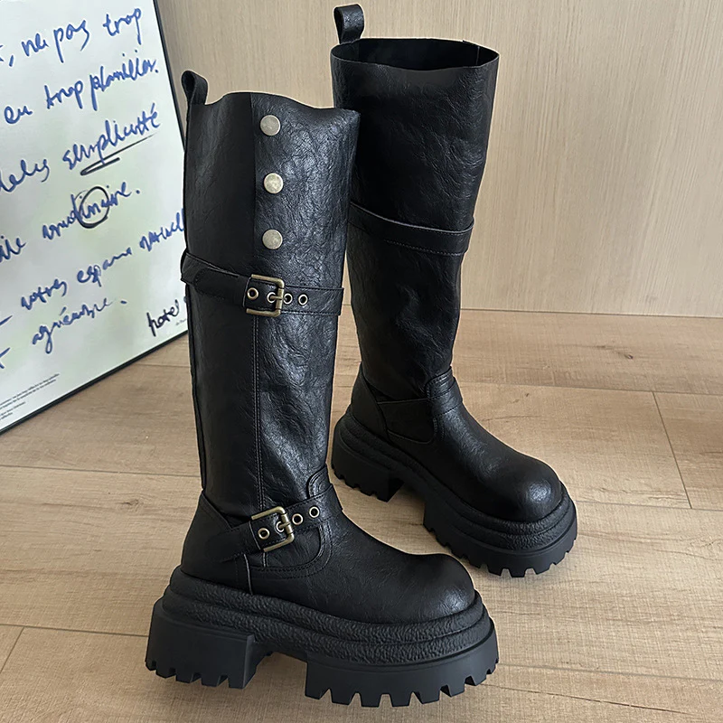 Damen hohe Stiefel mit modischem Schnallendesign und robustem Sohlenprofil Heidi Mode