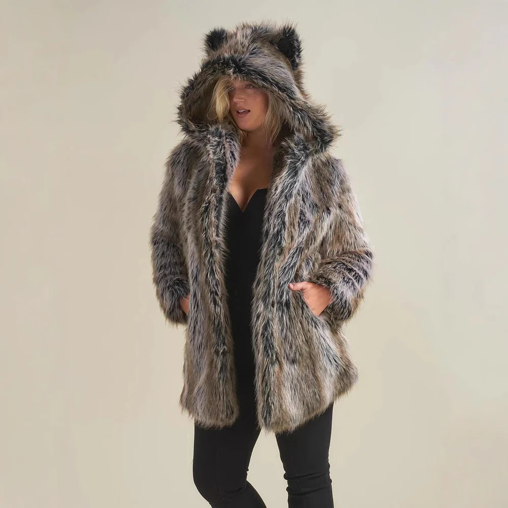 Damen Hooded Faux-Fur-Mantel mit Ohrenschützer Heidi-Mode - Image 4