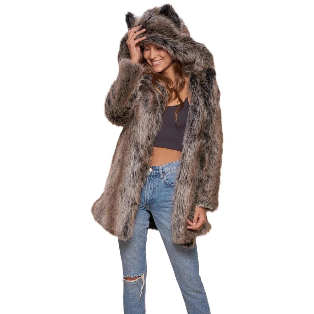 Damen Hooded Faux-Fur-Mantel mit Ohrenschützer Heidi-Mode - Image 5