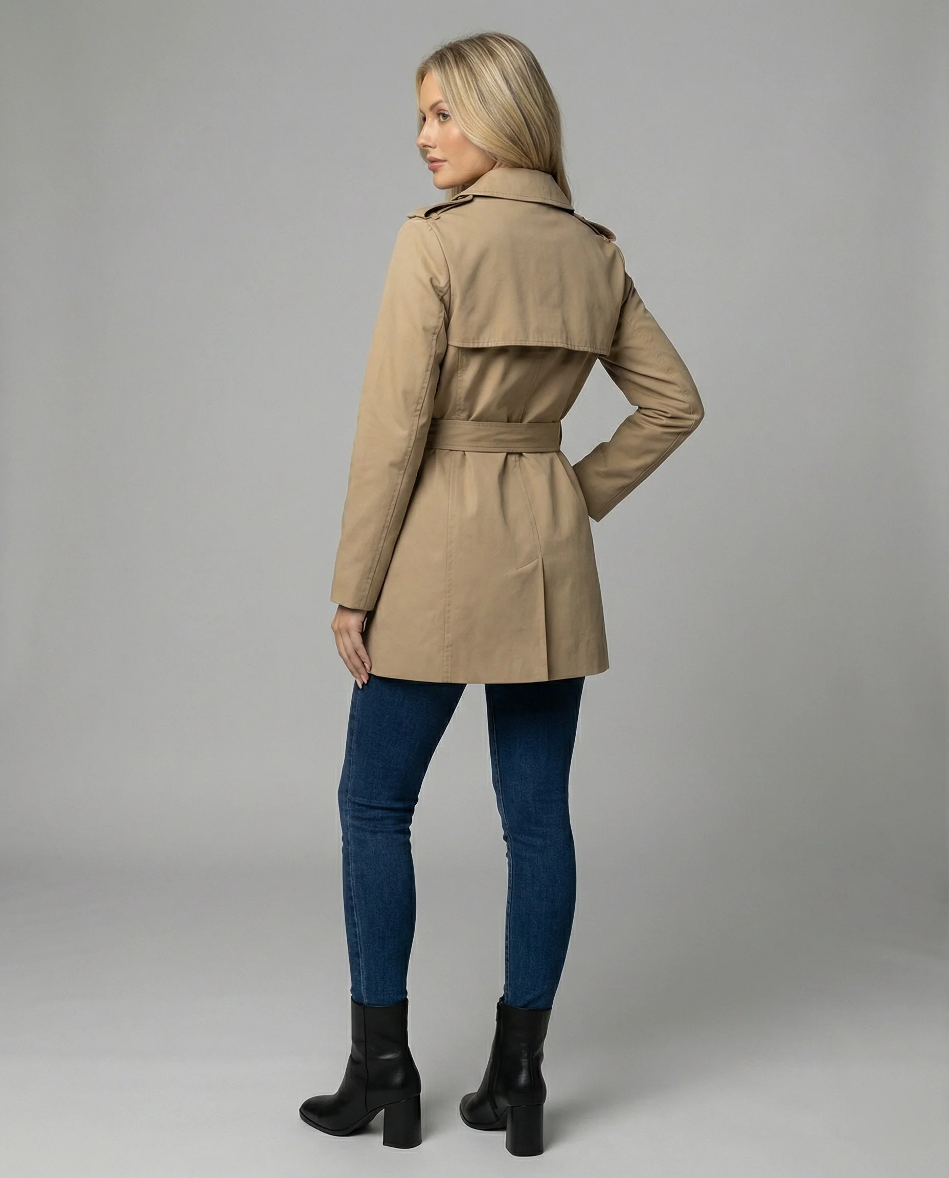 Damen Hoodie Herren Mehrfarbig taillierter Kurzmantel aus Wollmix mit Bindegürtel und doppelreihiger Knopfleiste Heidi-Mode - Image 4