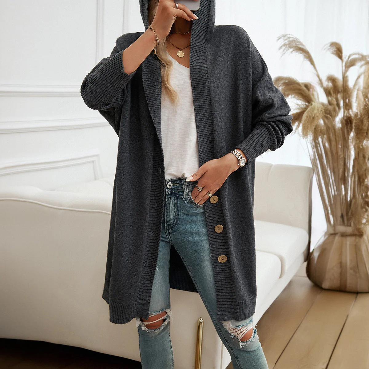 Damen Hoodie-Kardigan mit Knopfdetail und Lässigem Schnitt Heidi-Mode - Image 3