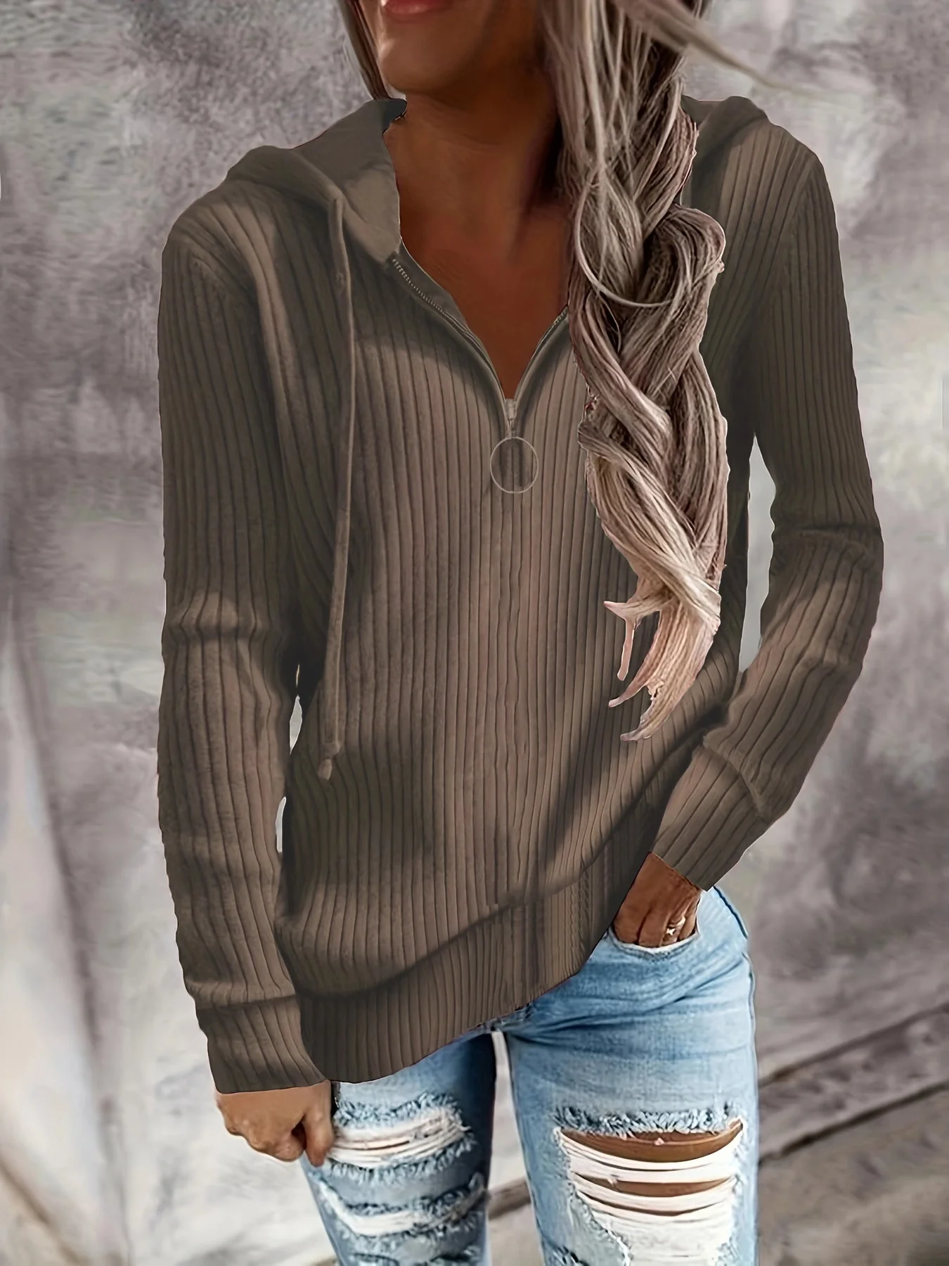 Damen Hoodie mit Reißverschluss und Lässigem Rippenstrickdesign Heidi-Mode - Image 12