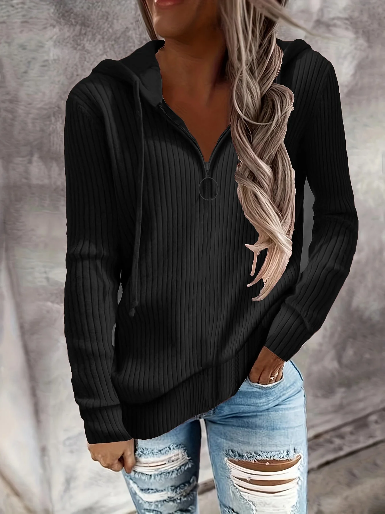 Damen Hoodie mit Reißverschluss und Lässigem Rippenstrickdesign Heidi-Mode - Image 2