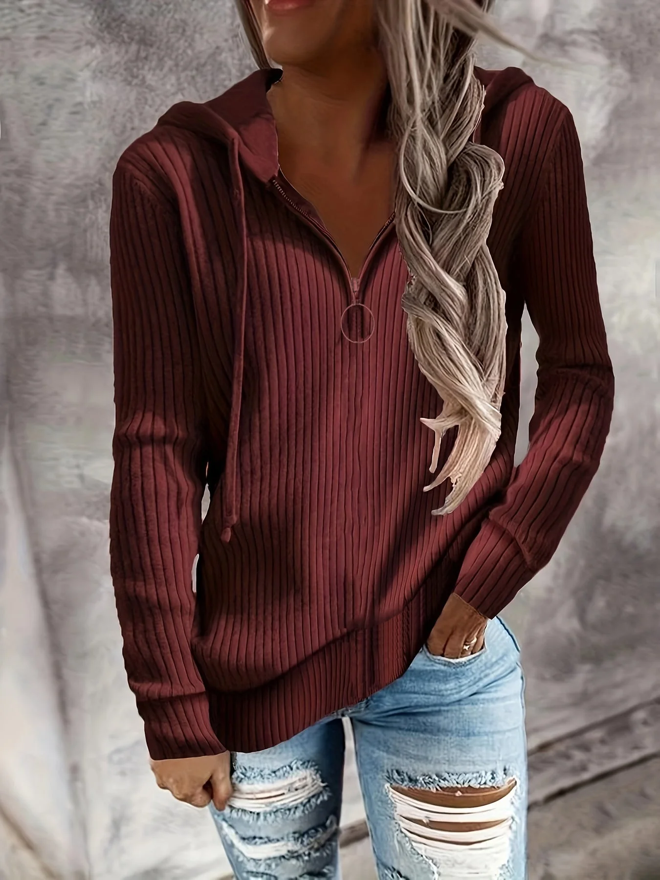 Damen Hoodie mit Reißverschluss und Lässigem Rippenstrickdesign Heidi-Mode - Image 4