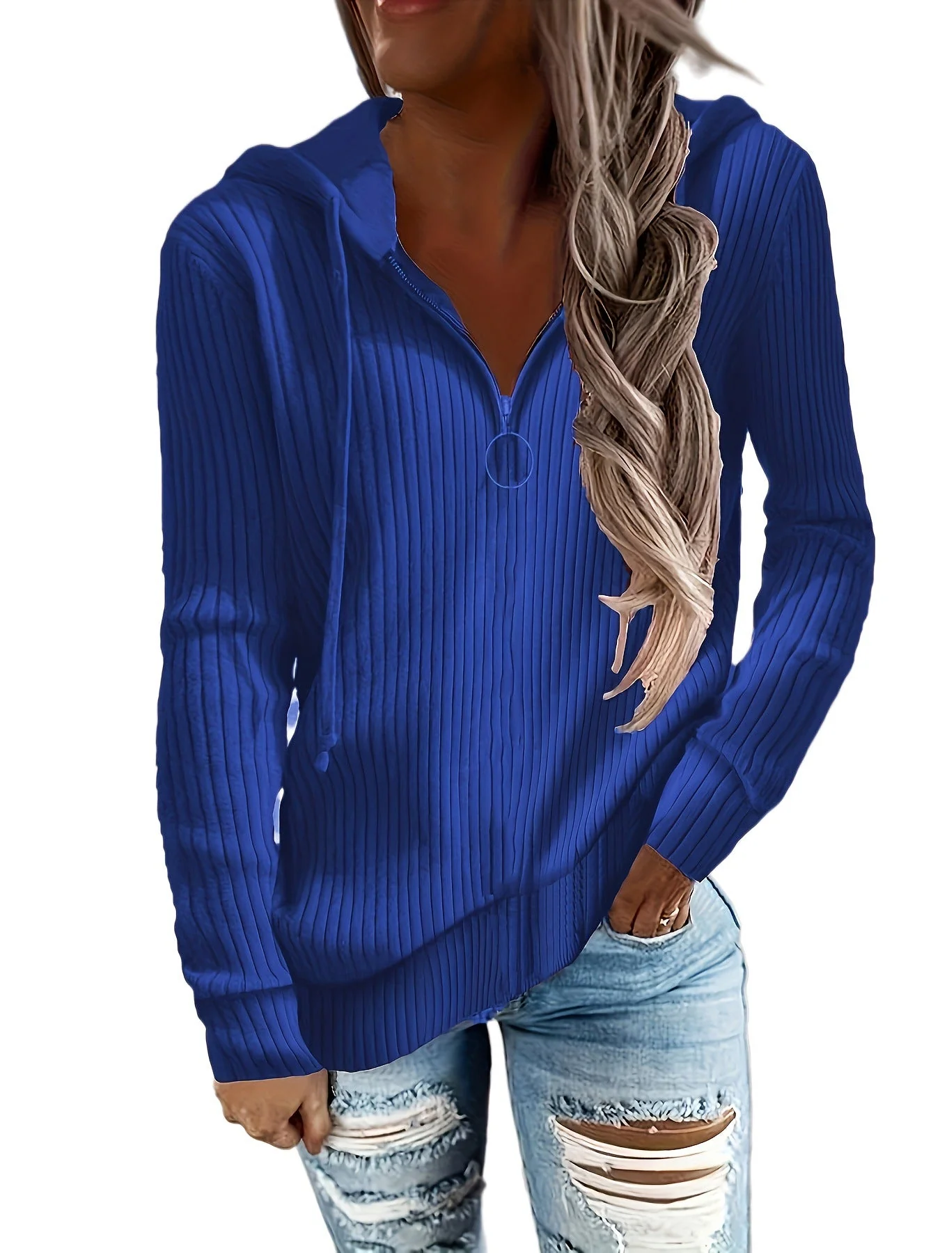 Damen Hoodie mit Reißverschluss und Lässigem Rippenstrickdesign Heidi-Mode - Image 5
