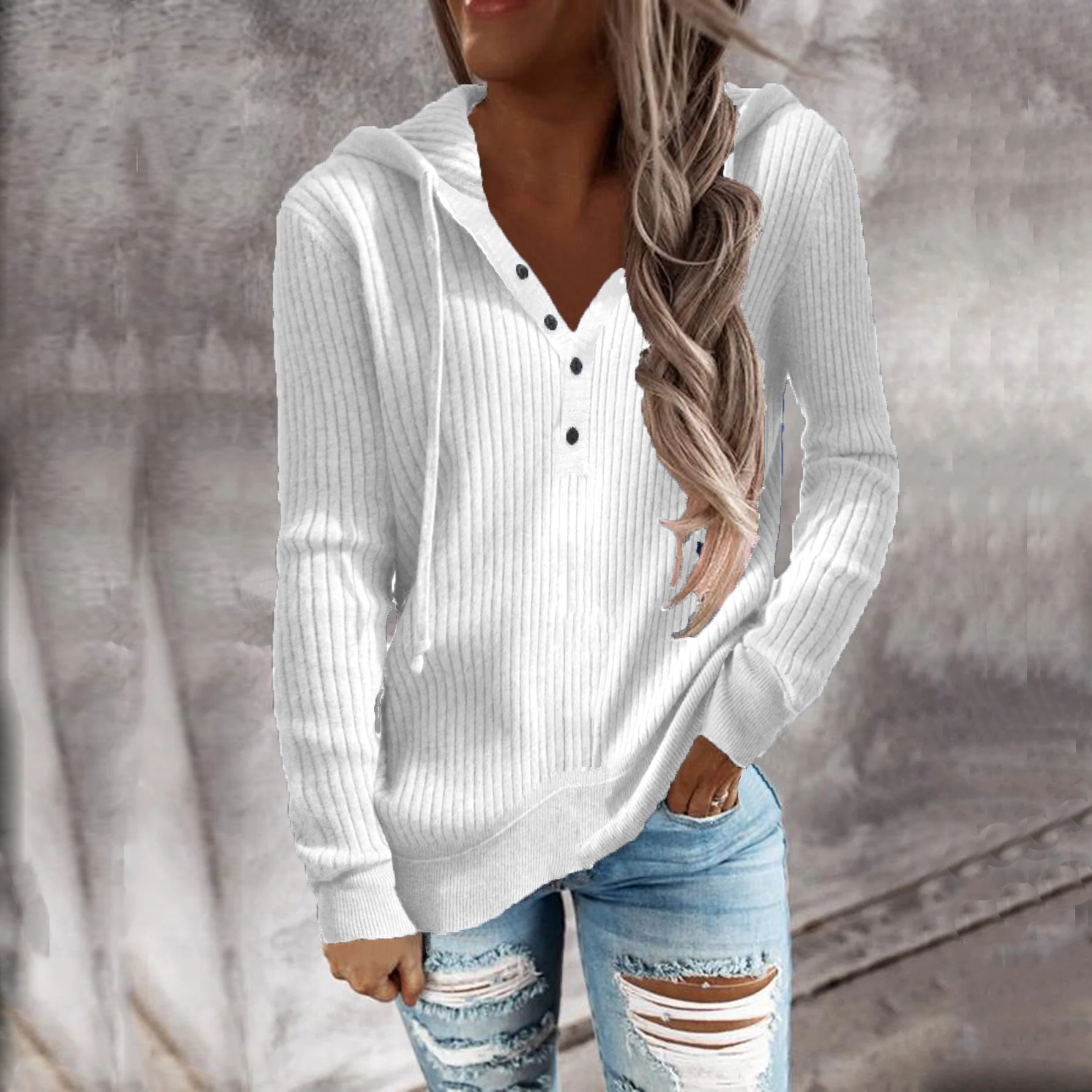 Damen Hoodie mit Strukturiertem Rippmuster und Knöpfbarem Ausschnitt Heidi-Mode - Image 3