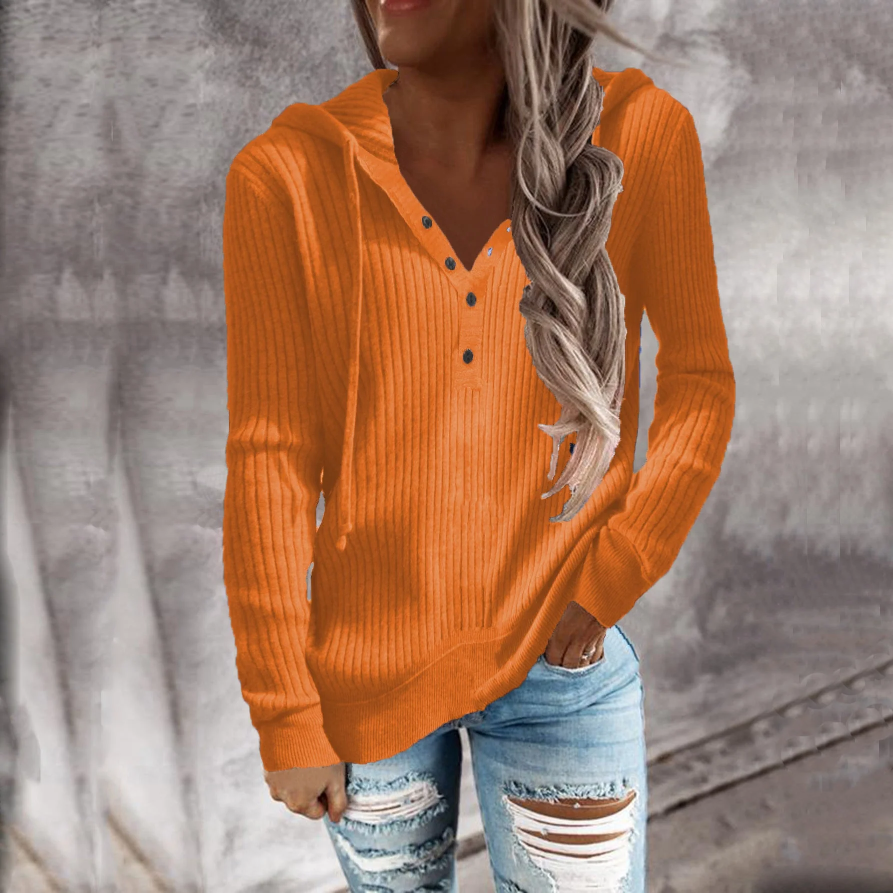 Damen Hoodie mit Strukturiertem Rippmuster und Knöpfbarem Ausschnitt Heidi-Mode - Image 4