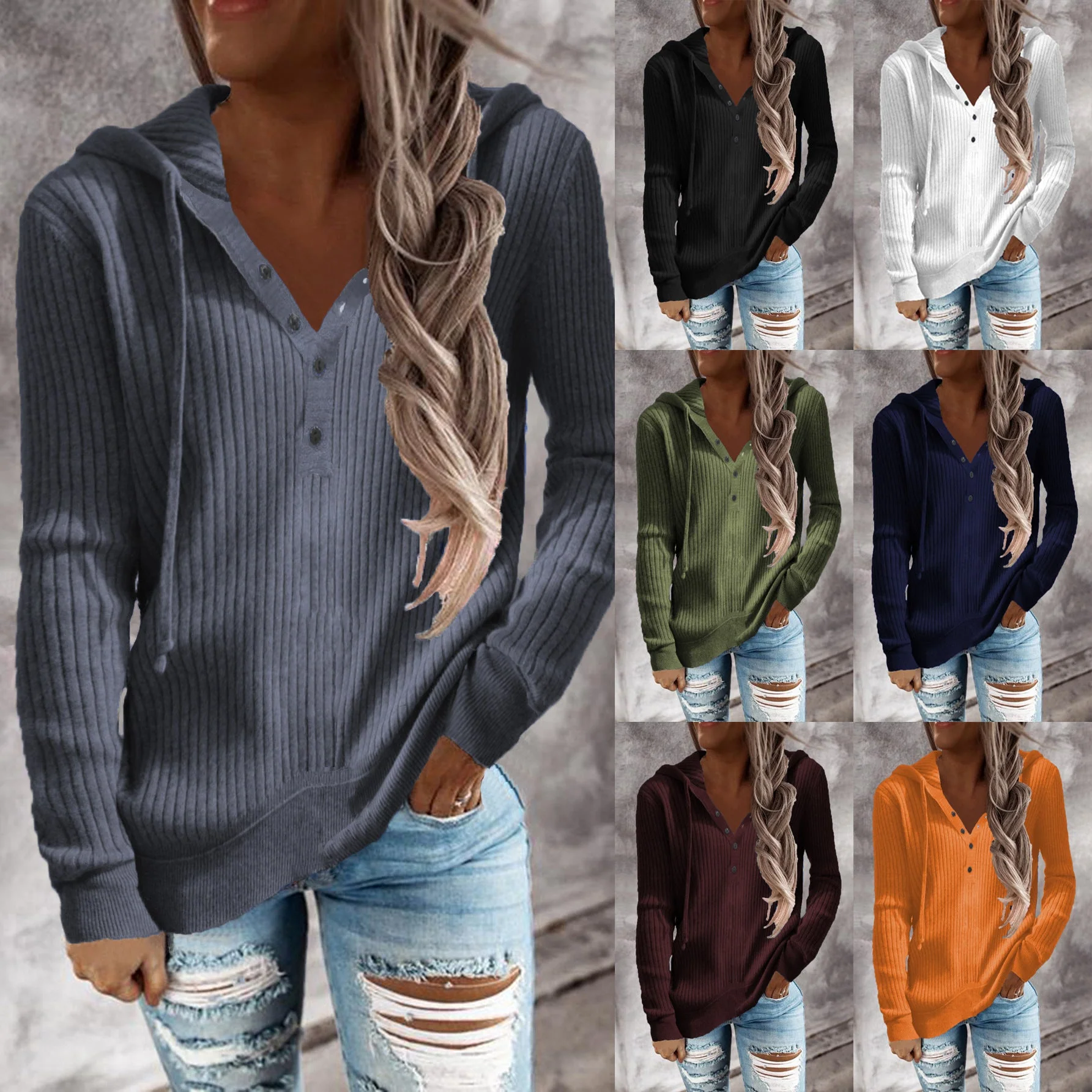 Damen Hoodie mit Strukturiertem Rippmuster und Knöpfbarem Ausschnitt Heidi-Mode - Image 8