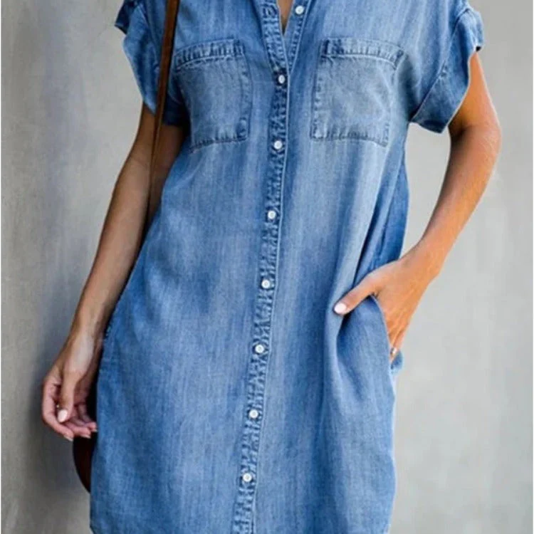Damen Jeanshemdkleid mit Zwei Aufgesetzten Taschen und Knopfleiste Heidi-Mode