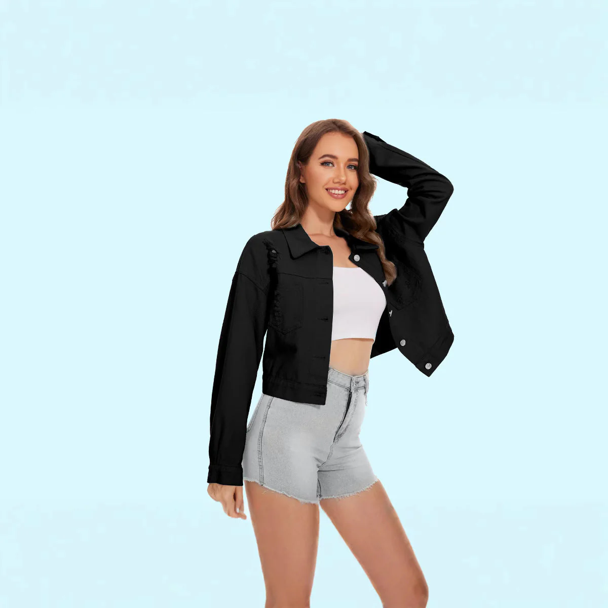 Damen Jeansjacke Im Lässigen Crop-Style mit Fransigen Details Heidi-Mode - Image 2