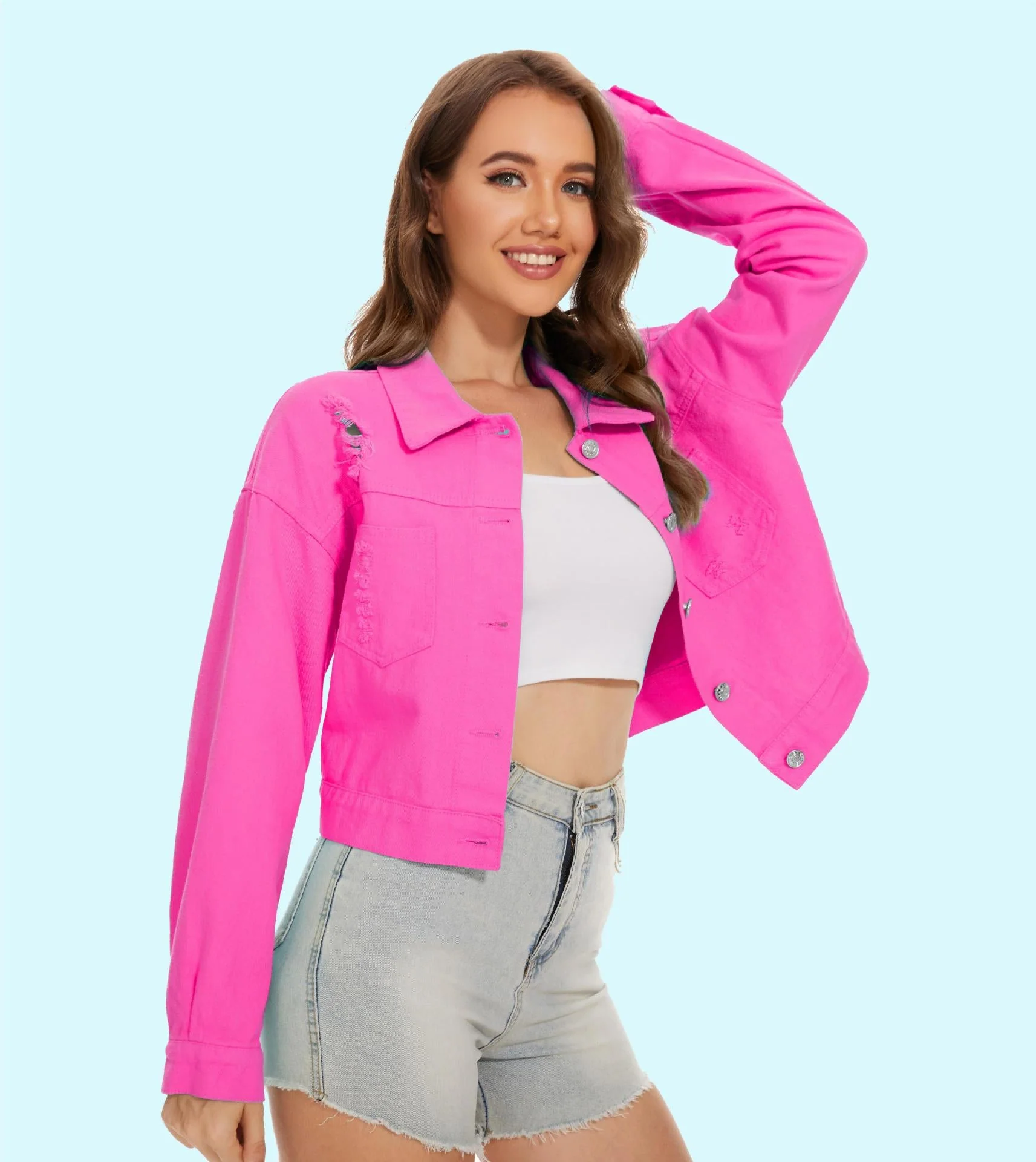 Damen Jeansjacke Im Lässigen Crop-Style mit Fransigen Details Heidi-Mode - Image 6