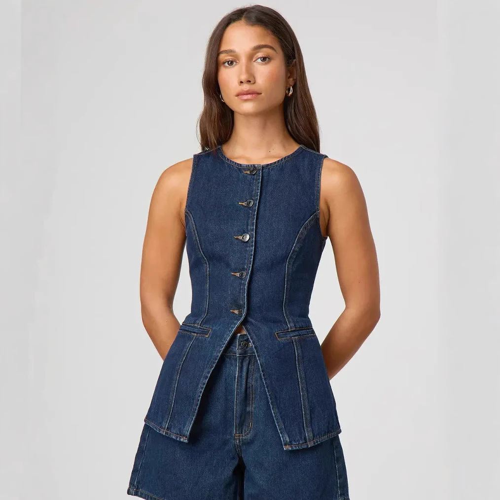 Damen Jeansweste mit Tailliertem Schnitt und Knopfdetails Heidi-Mode