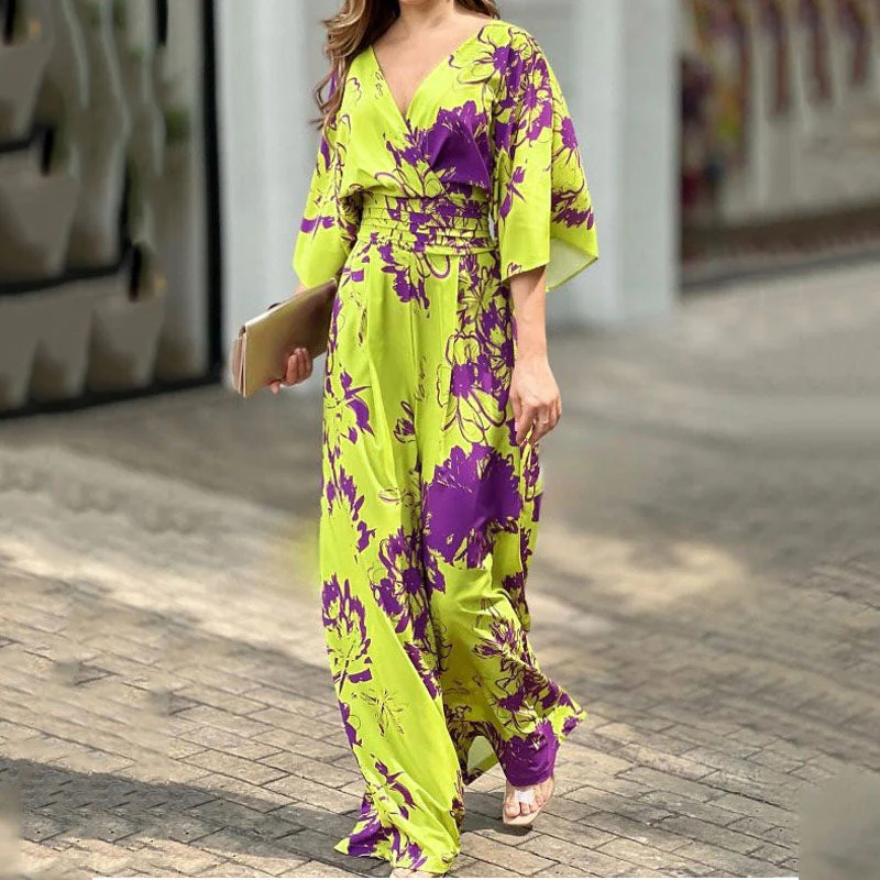 Damen Jumpsuit mit Floralem Design und Voluminösen Ärmeln Heidi-Mode