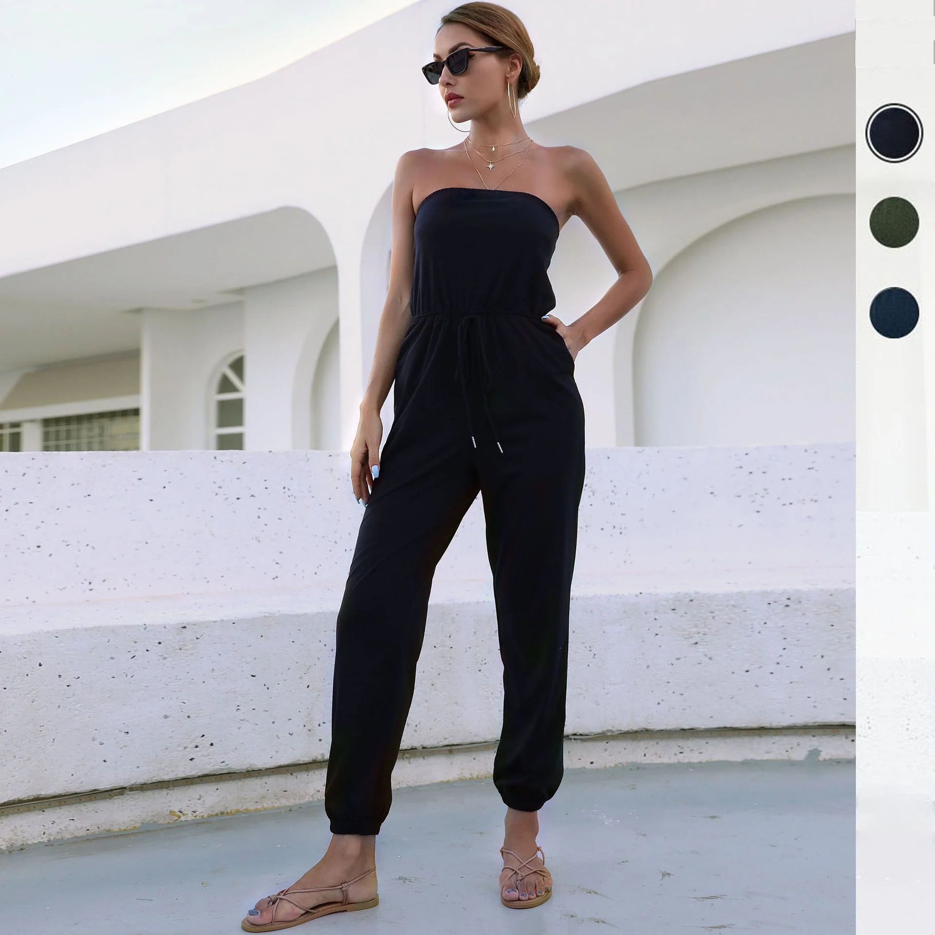 Damen Jumpsuit mit Trägerlosem Schnitt und Elastischem Taillengürtel Heidi-Mode