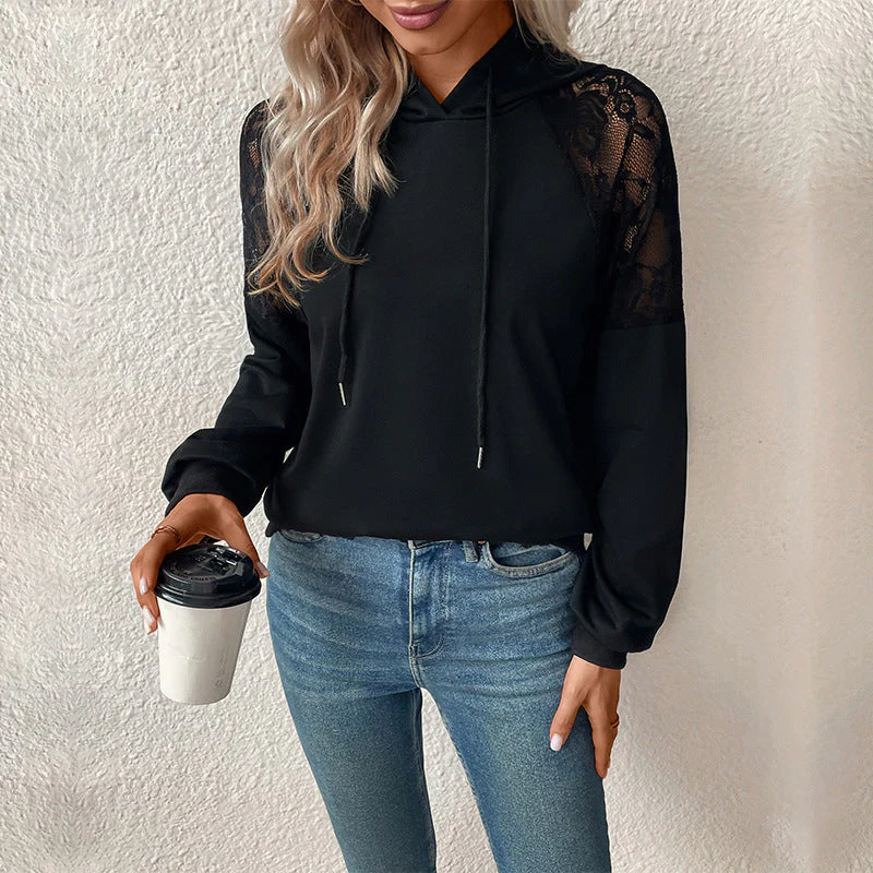 Damen Kapuzenpullover mit Spitzenärmel Heidi-Mode