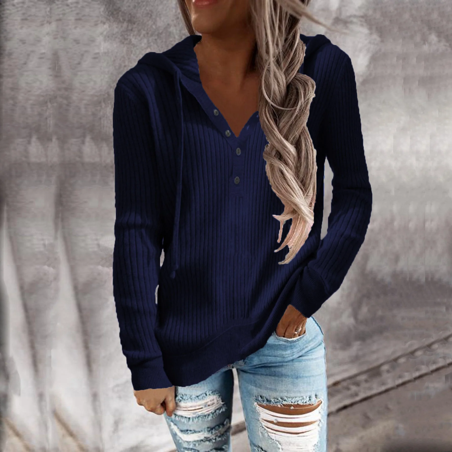 Damen Kapuzenpullover mit Strukturiertem Rippdesign und Praktischen Knopfdetails Heidi-Mode - Image 11