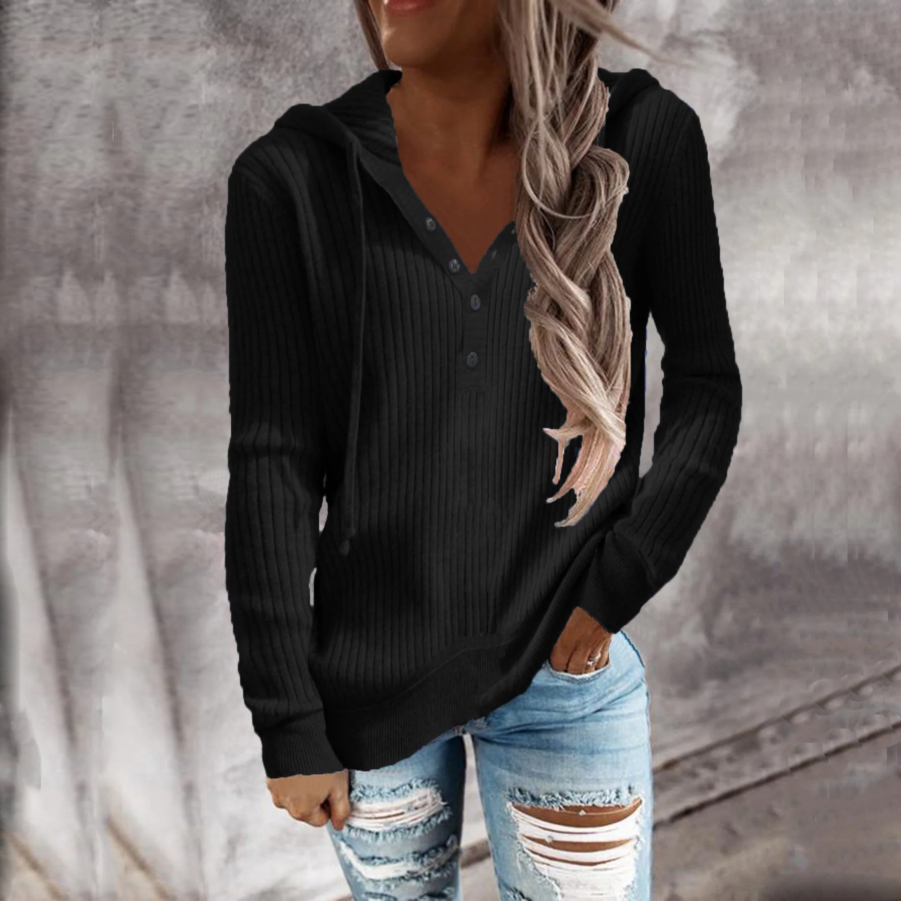 Damen Kapuzenpullover mit Strukturiertem Rippdesign und Praktischen Knopfdetails Heidi-Mode - Image 2