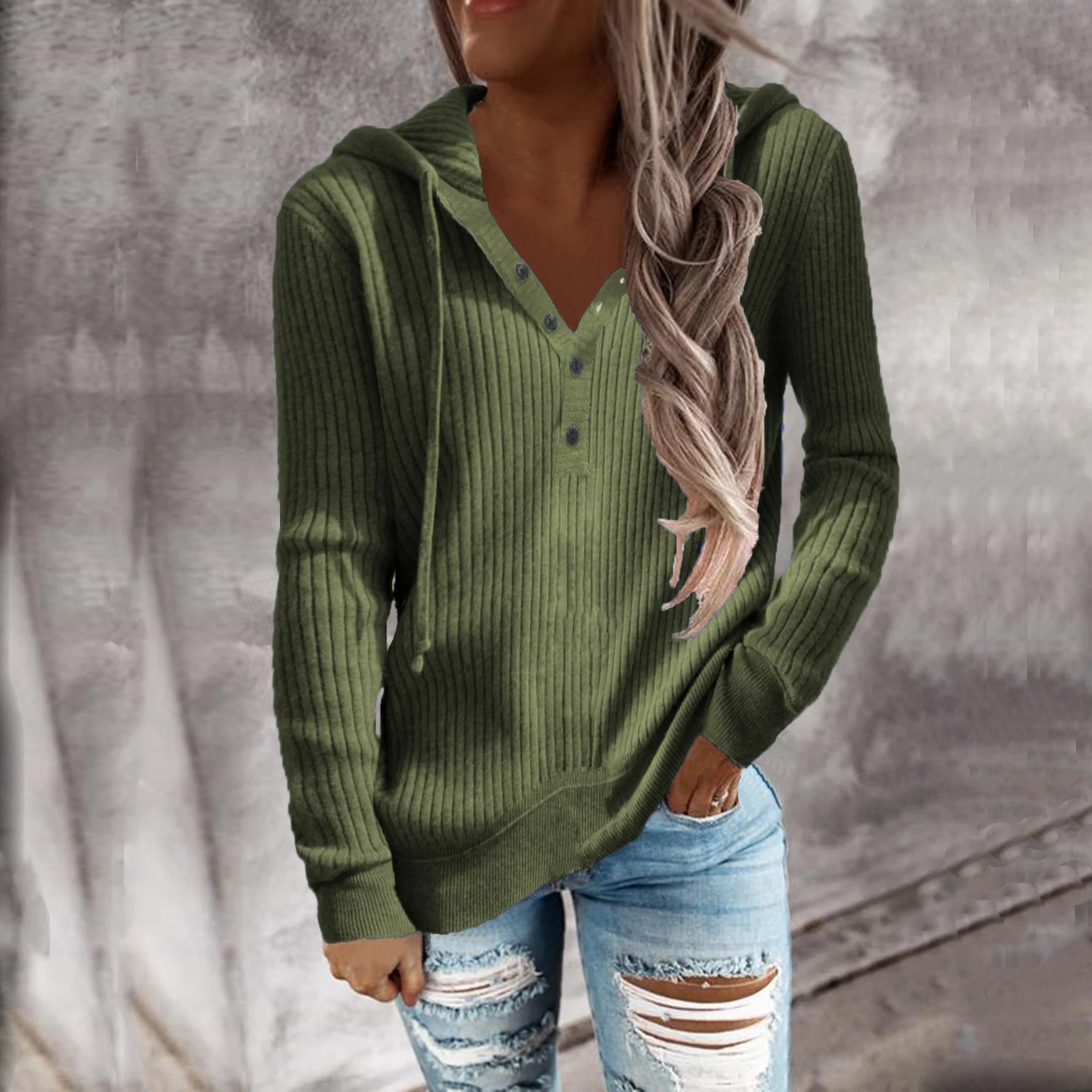 Damen Kapuzenpullover mit Strukturiertem Rippdesign und Praktischen Knopfdetails Heidi-Mode - Image 3