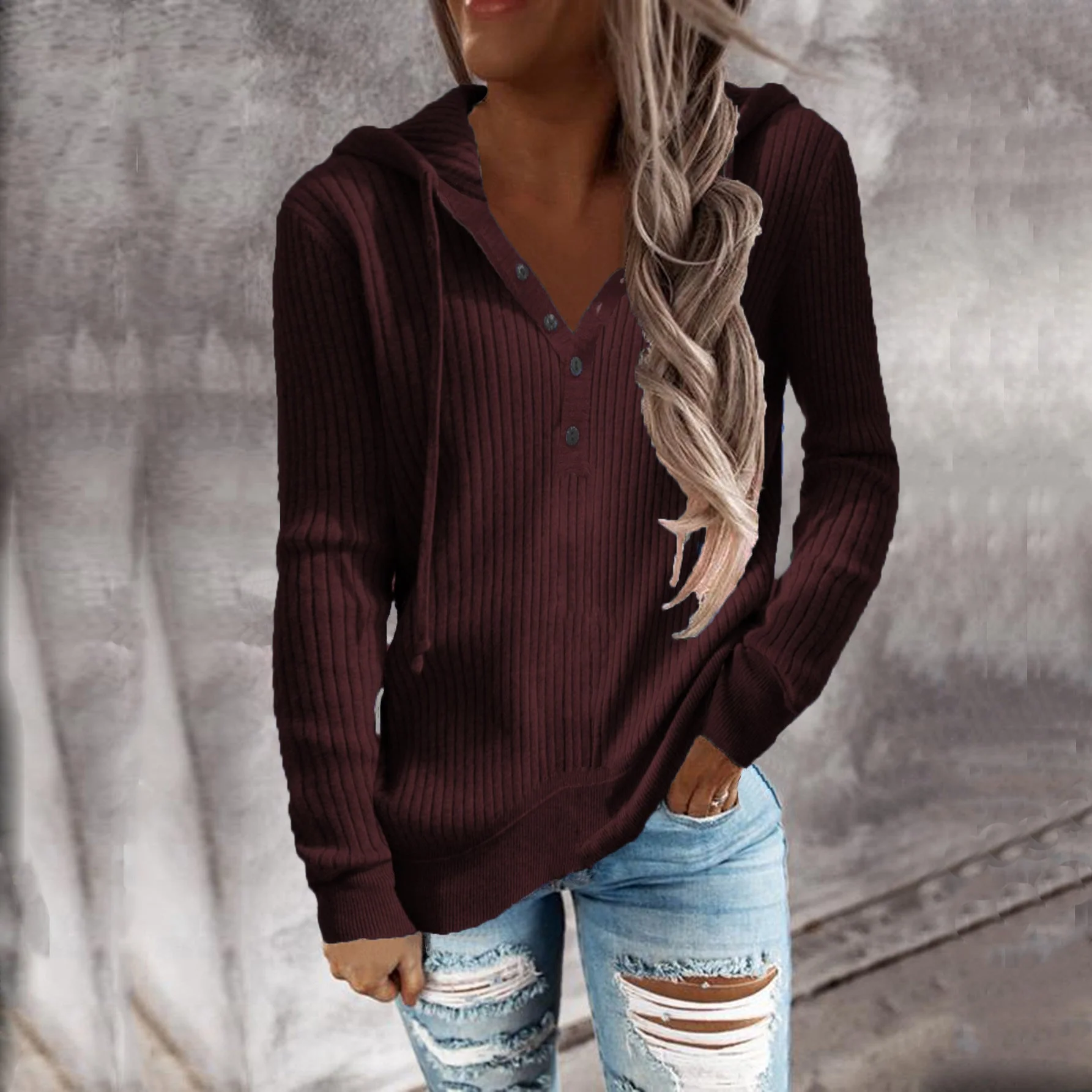 Damen Kapuzenpullover mit Strukturiertem Rippdesign und Praktischen Knopfdetails Heidi-Mode - Image 6