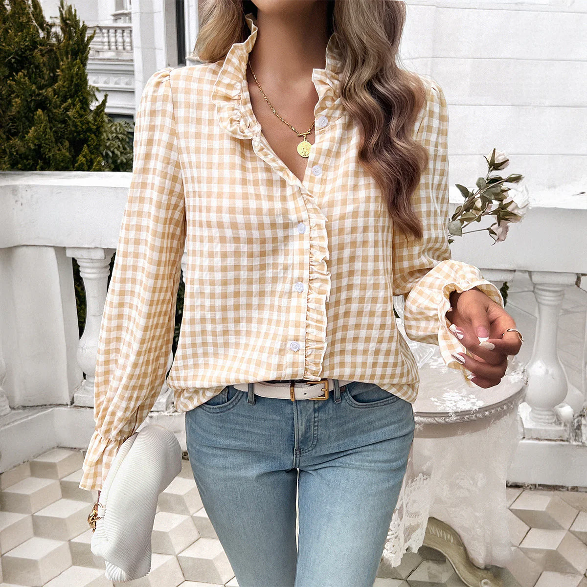 Damen Karierte Bluse mit Rüschendetails und Knopfleiste Heidi-Mode - Image 2