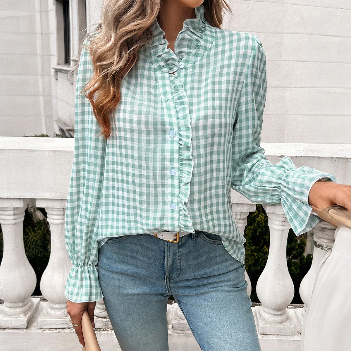 Damen Karierte Bluse mit Rüschendetails und Knopfleiste Heidi-Mode - Image 3