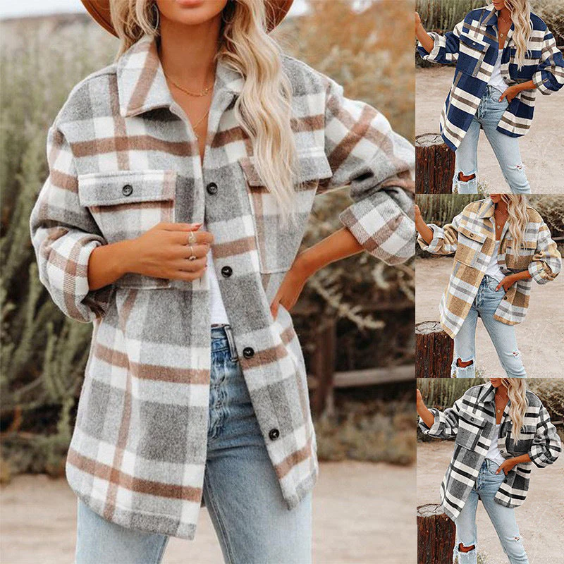 Damen Karierte Flanelljacke mit Lässigem Schnitt und Aufgesetzten Taschen Heidi-Mode