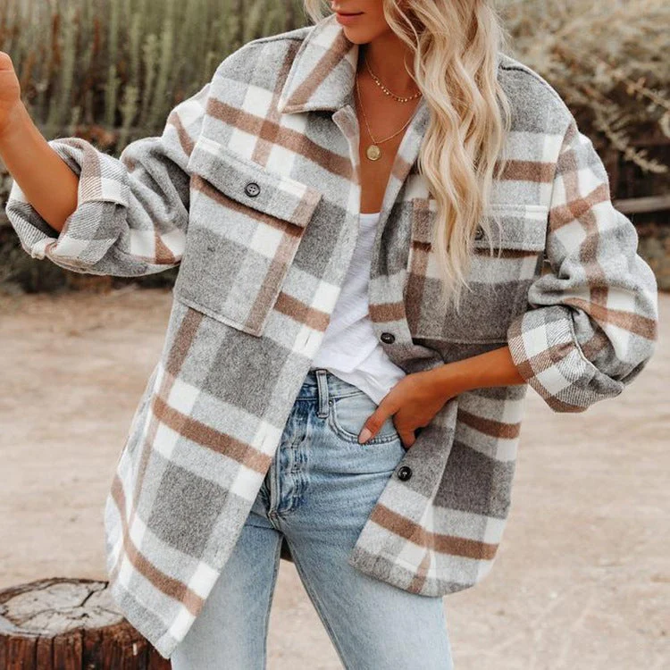 Damen Karierte Flanelljacke mit Lässigem Schnitt und Aufgesetzten Taschen Heidi-Mode - Image 8