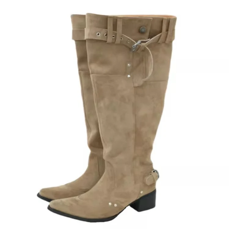 Damen kniehohe Stiefel mit robustem Absatz und stylishen Riemendetails Heidi Mode - Image 5