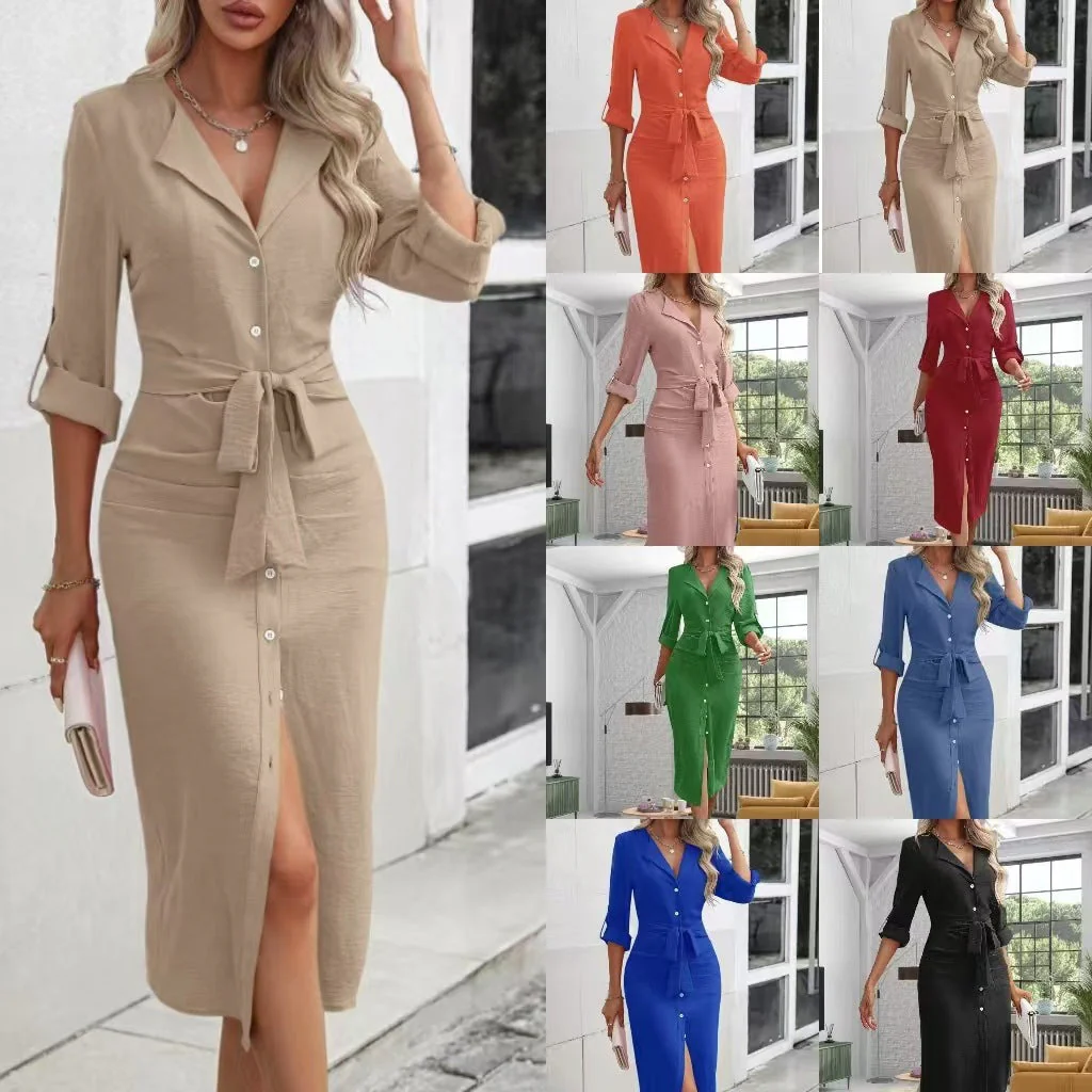 Damen Knielanges Hemdblusenkleid mit Gürtel und Modernem Revers Heidi-Mode