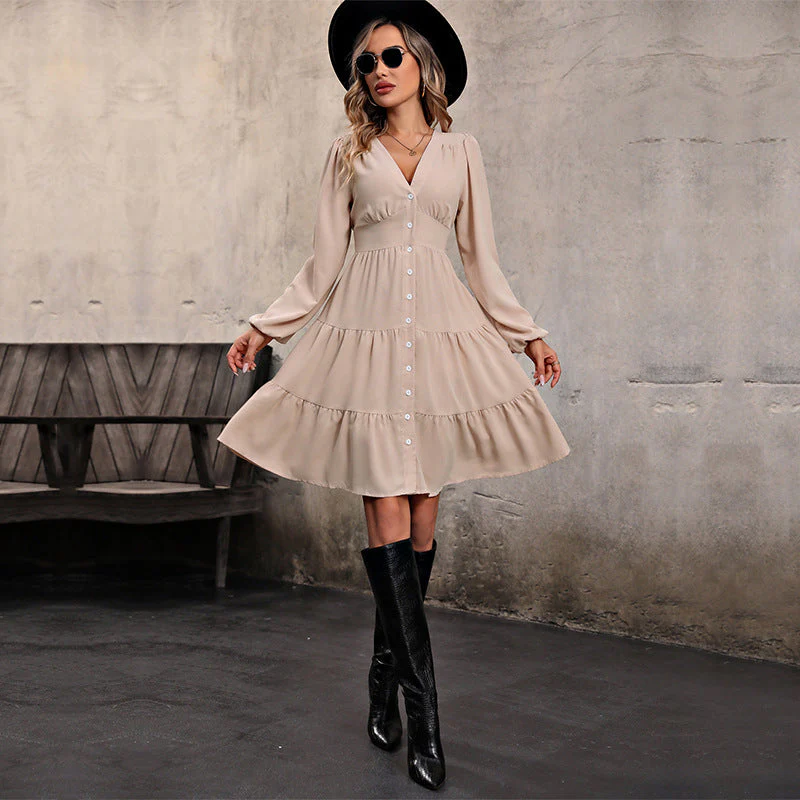 Damen Knielanges Hemdkleid mit Elegantem V-Ausschnitt und Rüschensaum Heidi-Mode - Image 2