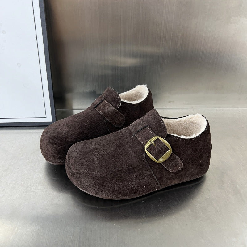 Damen Komfortable Wildleder-Clogs mit luxuriösem Fleece-Innenfutter und modischer Schnallenverzierung Heidi Mode