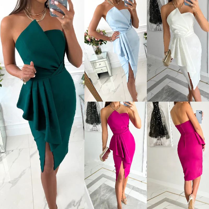 Damen Körperbetontes Abendkleid mit Rüschen und Schlitz Heidi-Mode