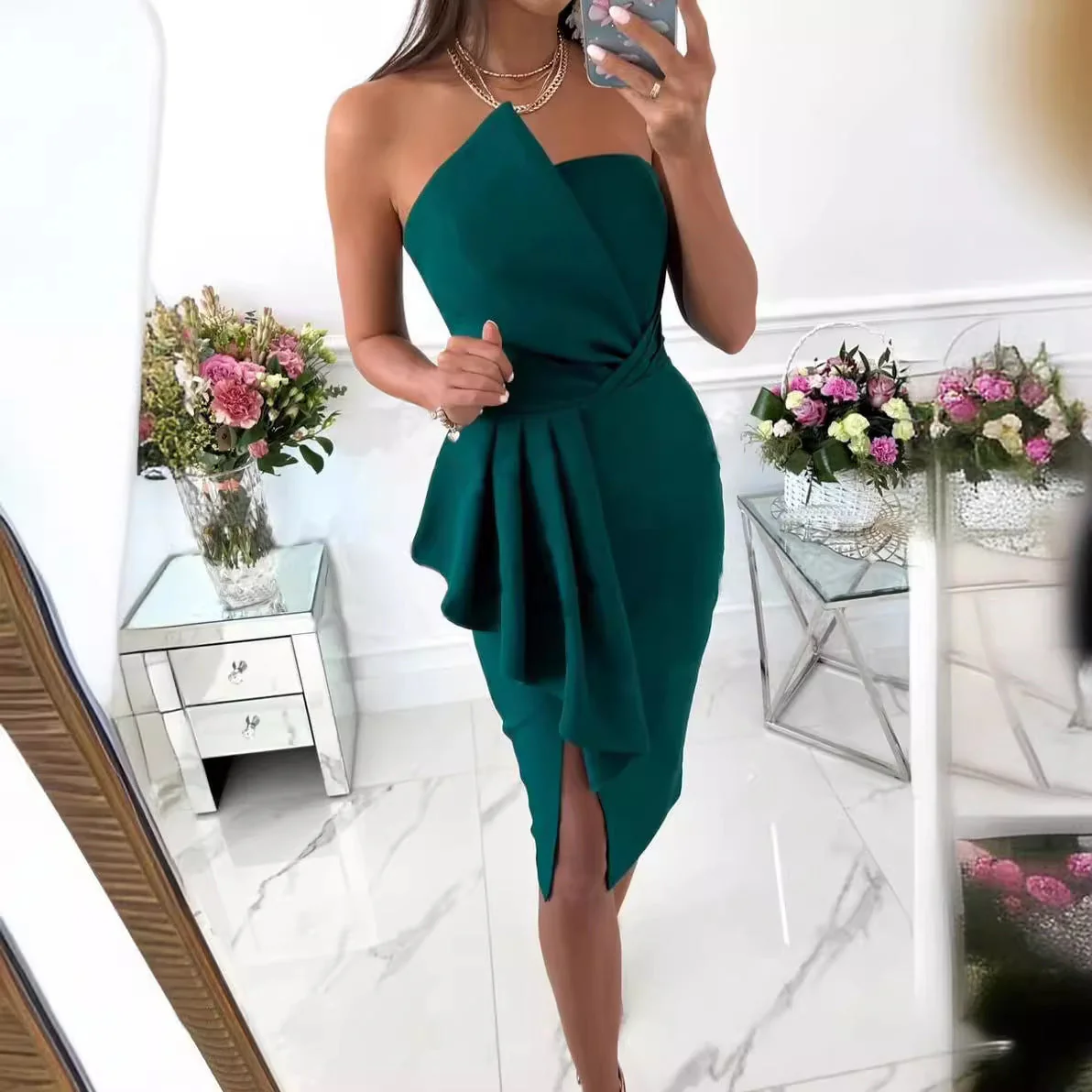 Damen Körperbetontes Abendkleid mit Rüschen und Schlitz Heidi-Mode - Image 2