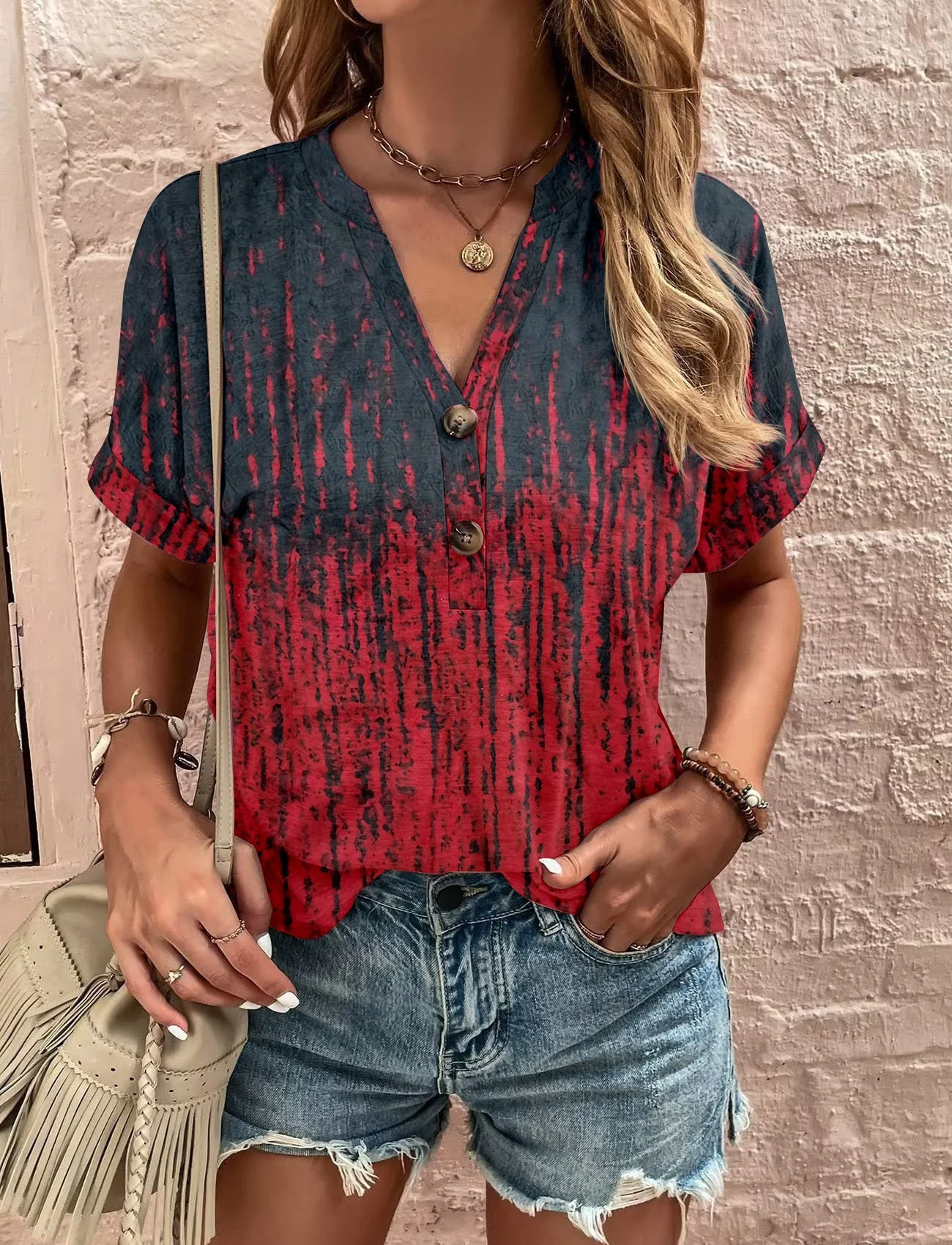 Damen Kurzarm Bluse mit Dekorativem Musterdruck und Knöpfbarem Ausschnitt Heidi-Mode - Image 13