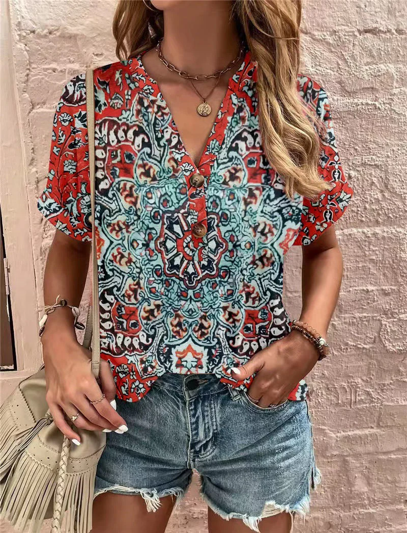 Damen Kurzarm Bluse mit Dekorativem Musterdruck und Knöpfbarem Ausschnitt Heidi-Mode - Image 15