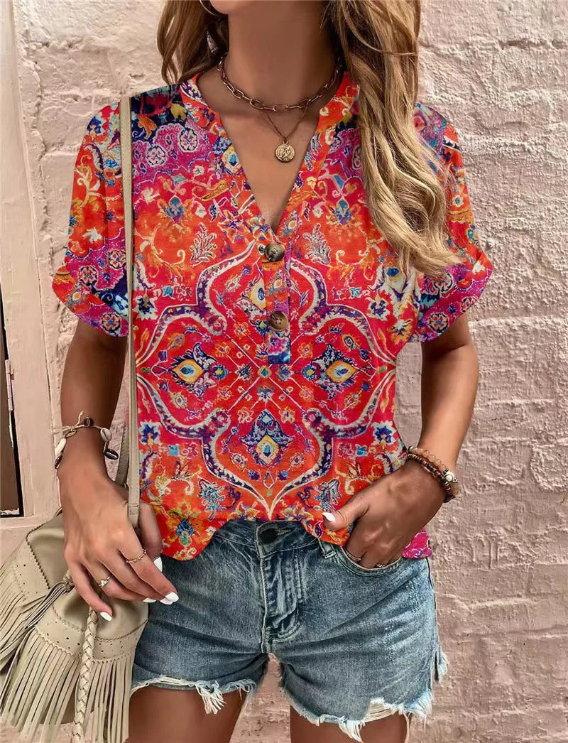 Damen Kurzarm Bluse mit Dekorativem Musterdruck und Knöpfbarem Ausschnitt Heidi-Mode - Image 4