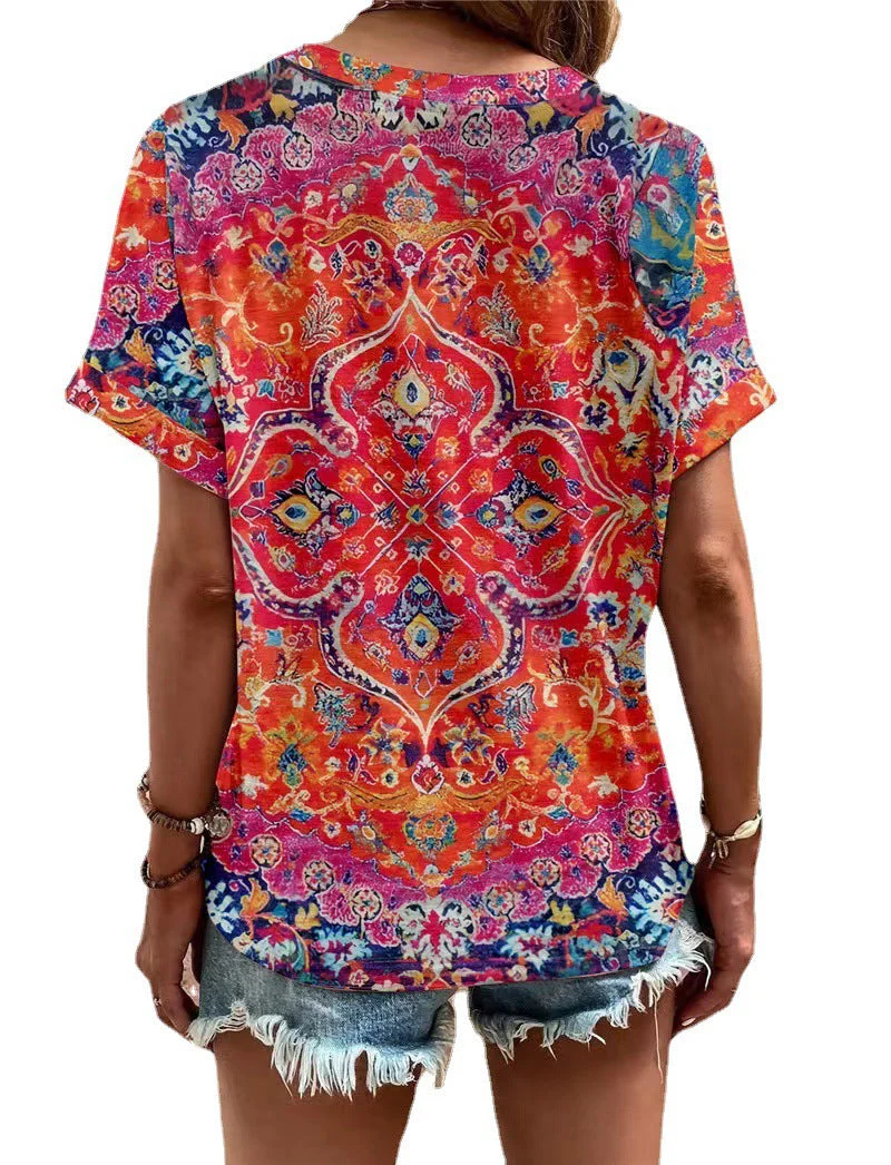 Damen Kurzarm Bluse mit Dekorativem Musterdruck und Knöpfbarem Ausschnitt Heidi-Mode - Image 5
