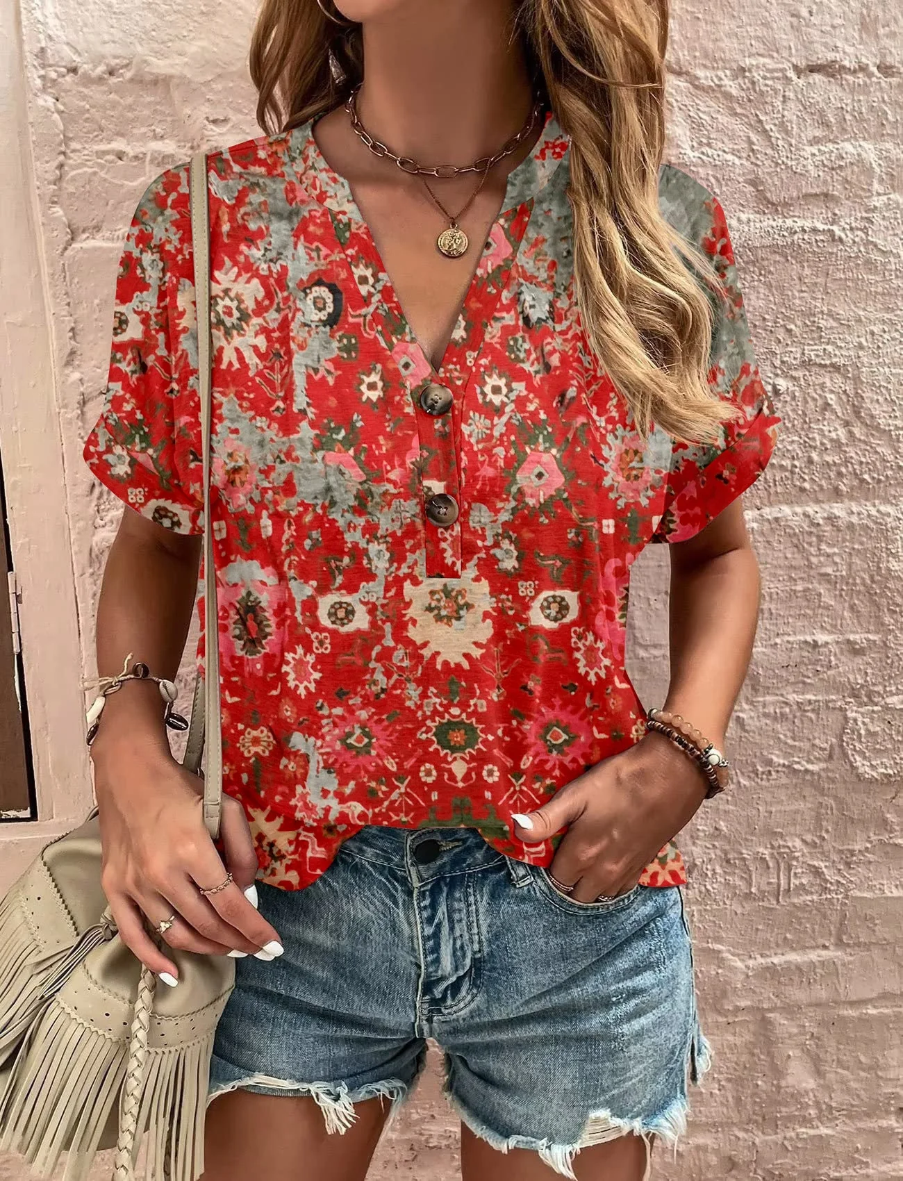 Damen Kurzarm Bluse mit Dekorativem Musterdruck und Knöpfbarem Ausschnitt Heidi-Mode - Image 6
