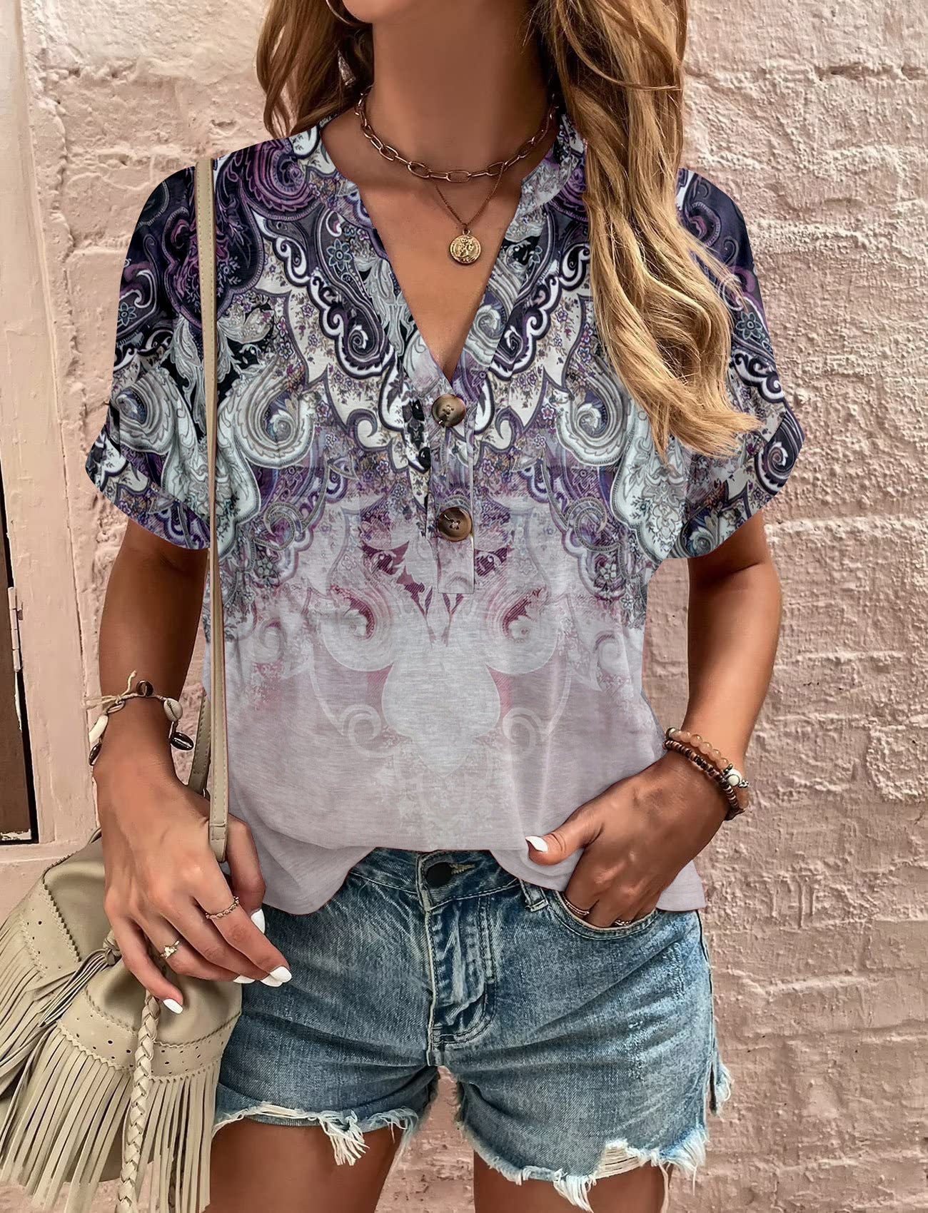 Damen Kurzarm Bluse mit Dekorativem Musterdruck und Knöpfbarem Ausschnitt Heidi-Mode - Image 9