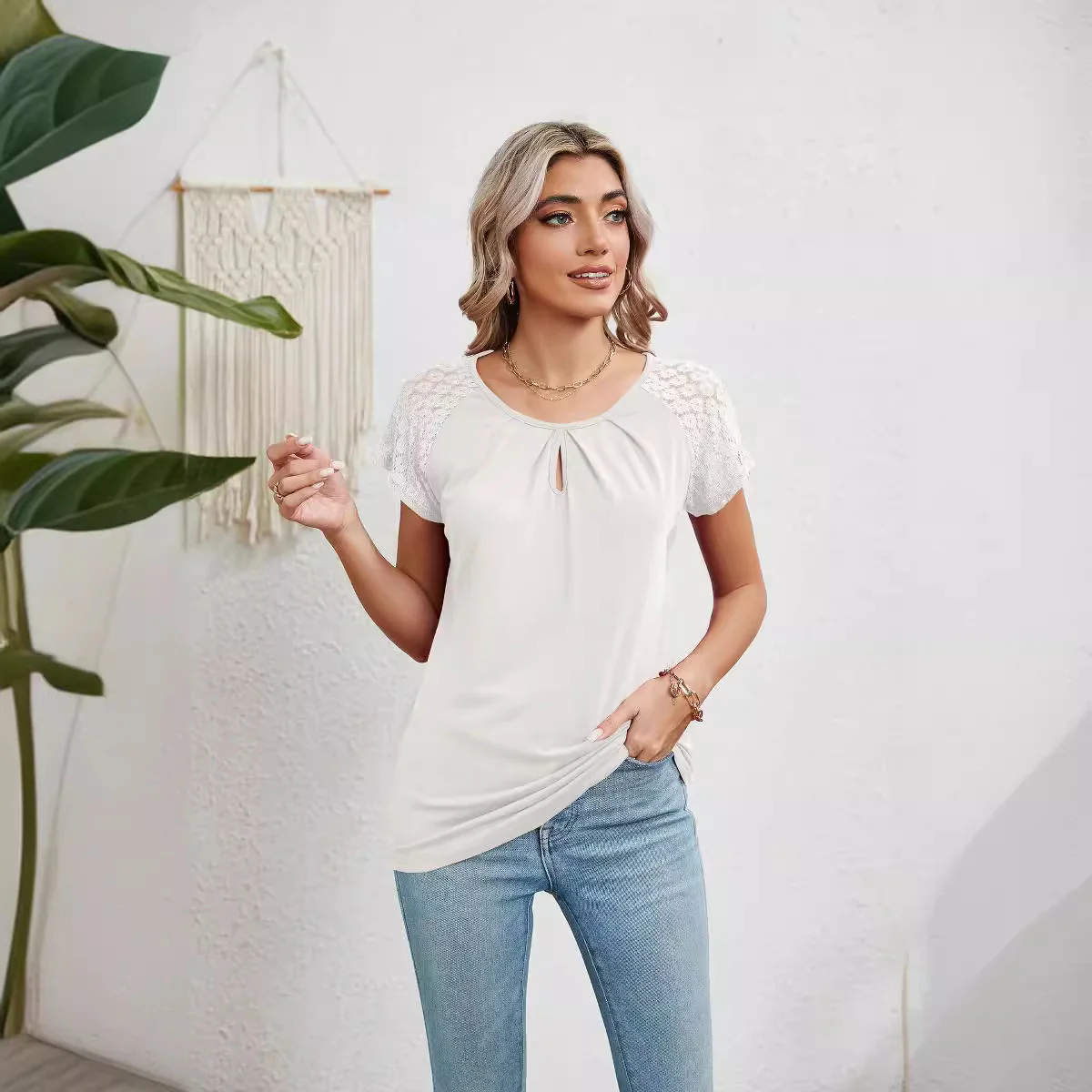 Damen Kurzarm-Bluse mit Spitzenärmeln Heidi-Mode - Image 3