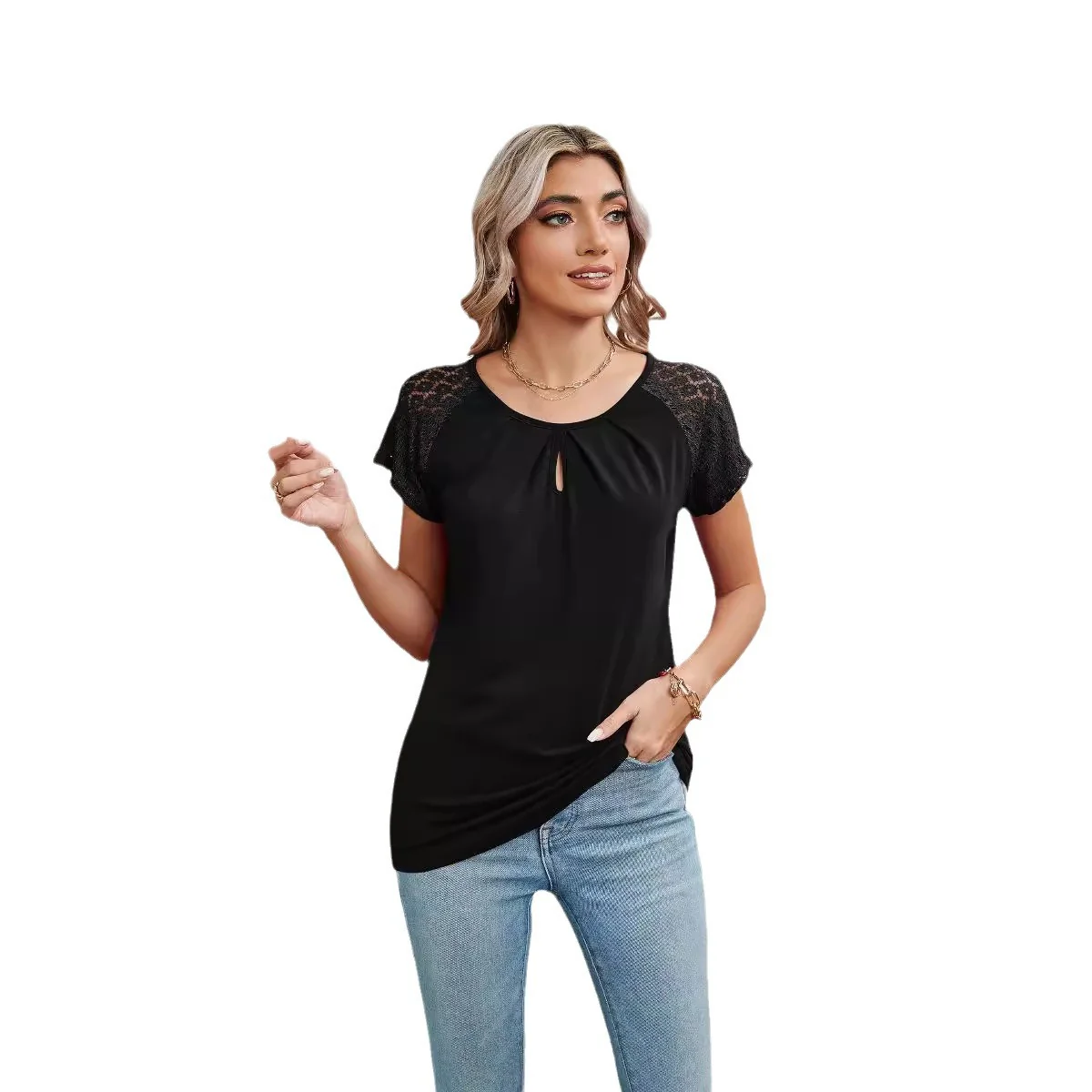 Damen Kurzarm-Bluse mit Spitzenärmeln Heidi-Mode - Image 5