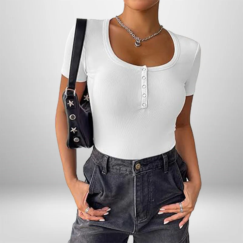 Damen Kurzarm Bodysuit mit Knopfdetails und Figurbetonter Silhouette Heidi-Mode - Image 11