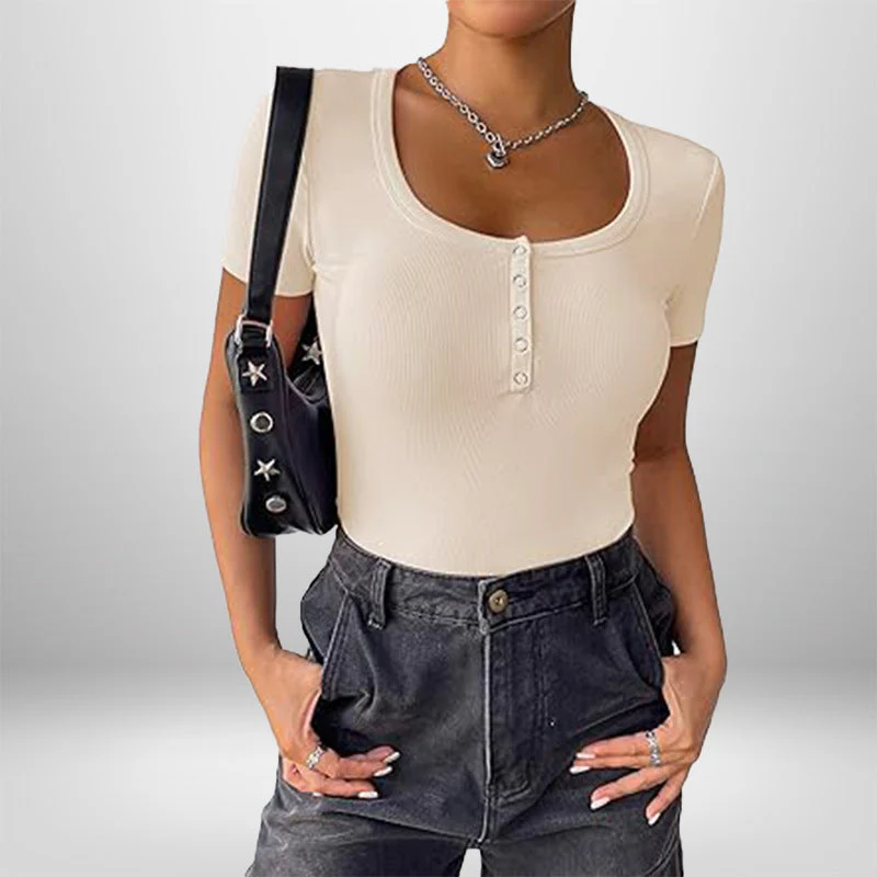 Damen Kurzarm Bodysuit mit Knopfdetails und Figurbetonter Silhouette Heidi-Mode - Image 19