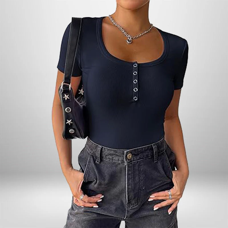 Damen Kurzarm Bodysuit mit Knopfdetails und Figurbetonter Silhouette Heidi-Mode - Image 7