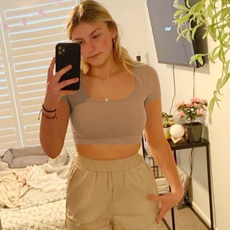 Damen Kurzarm Crop-Top mit Rundhalsausschnitt und Figurbetonter Passform Heidi-Mode - Image 3