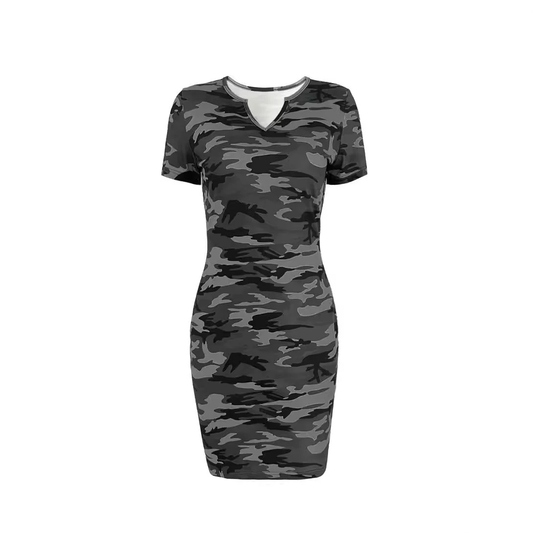 Damen Kurzarm Kleid Im Angesagten Camouflage-Stil mit Figurbetontem Schnitt und V-Ausschnitt Heidi-Mode - Image 5