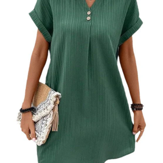 Damen Kurzarm Kleid mit Knopfleiste und Feinem Längsstreifenmuster Heidi-Mode - Image 5